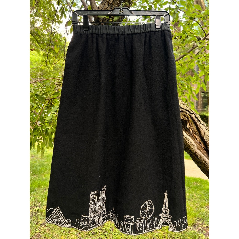 Yoshi Kondo Black/White Embroidered Wool Paris Skyline Skirt Size M Black